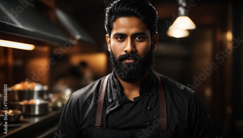 chef or waiter young black haired indian  male with beard on uniform in dark background