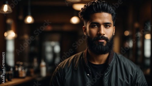 Portrait of young professional black hair male barber with beard on dark background