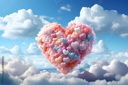 Heart shaped clouds on blue sky background. 3D rendering. Valentine's day concept.