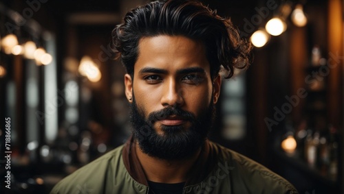 Portrait of young professional black hair male  barber with beard on dark background © Ankor_stock.