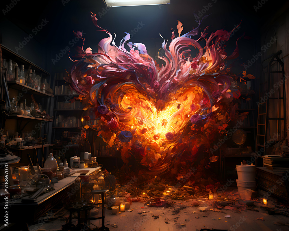 Obraz premium Beautiful fire in the form of a heart on a dark background