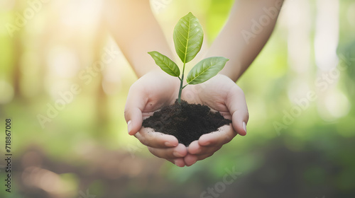 Person holds in his hands a handful of ground from which the green plant grows. The concept of greening the Earth and preserving vegetation on it.