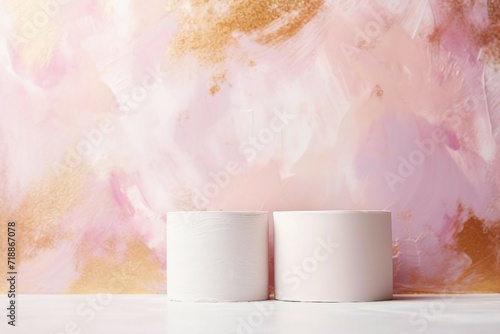 ピンクと金色のペイント背景と床と白の二つの丸い展示台がある抽象バナー © Queso