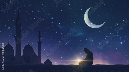 Silhouette of a Muslim man seen from the side praying under a sky full of stars with a mosque in the background. seamless looping time-lapse virtual 4k video animation background. photo