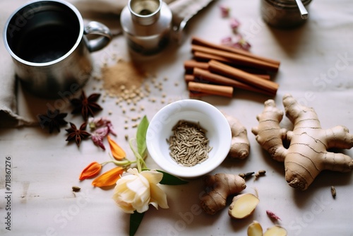 tabletop with chai ingredients: tea leaves, ginger, and cardamom