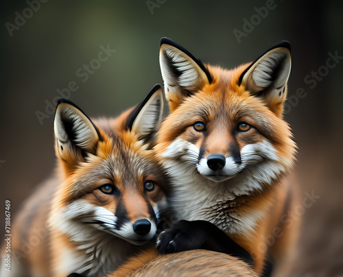 Close-up portrait of two red foxes in the forest. Wild Red Foxes Untamed Creatures. Family of cute foxes in the winter forest Generative AI © Jam