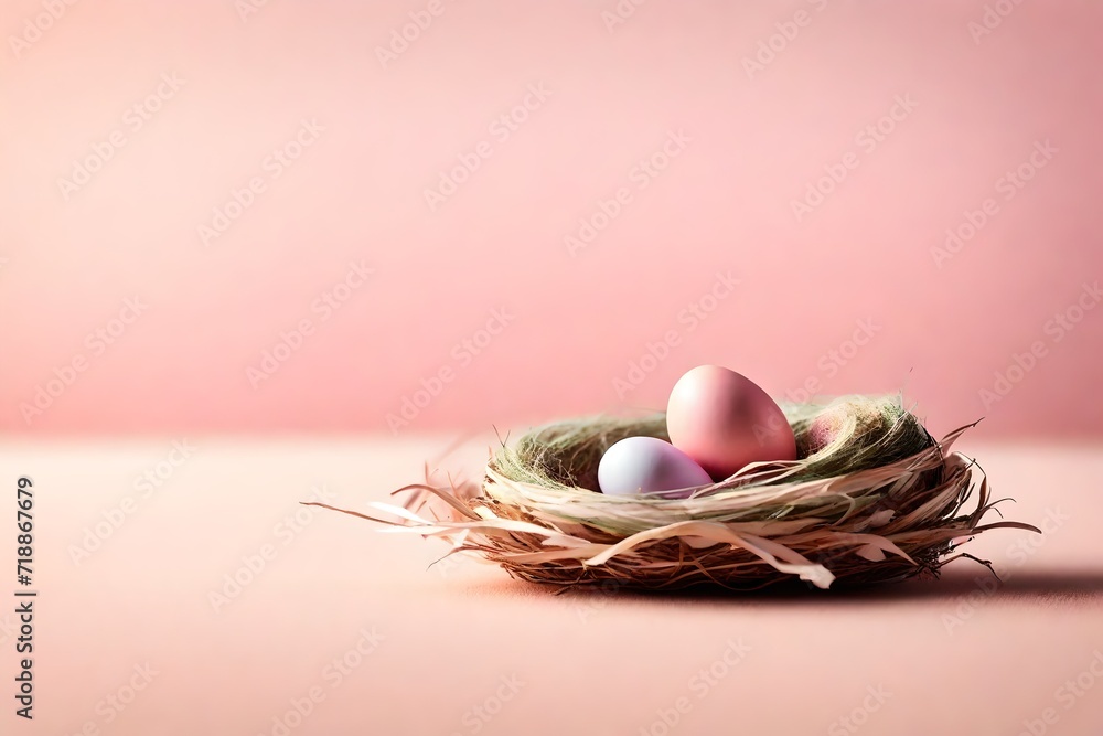 Micro little Easter egg nestled in a tiny side nest, against a soft pastel pink background with a minuscule nest in warm pink hues. Micro little Easter egg nestled in a tiny side nest, against a soft pastel pink background with a minuscule nest in warm pink hues.