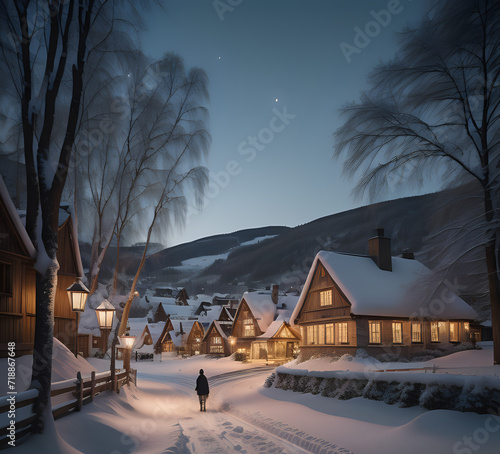 the village covered in snow. rural village during winter at night with the aurora in the sky . winter in the village, generated AI 