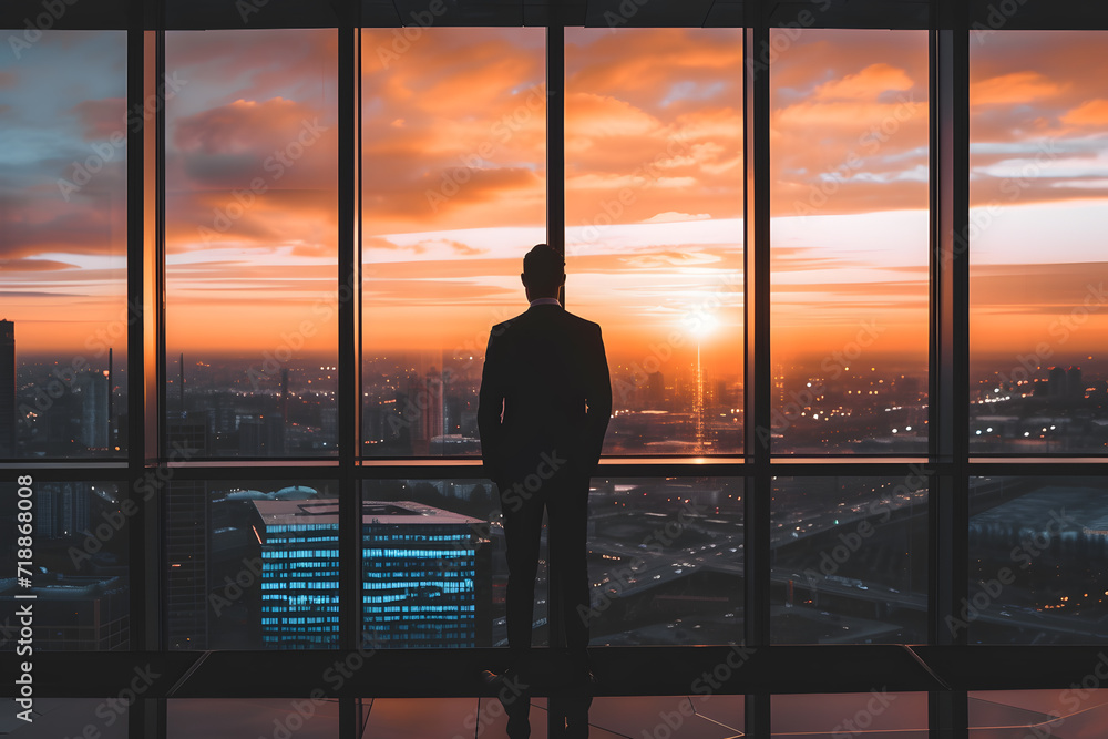 Photo from behind of businessman looking out the window. Successful director or businessman in the photo in a black suit Photo from behind of businessman looking out the window. Successful director or businessman in the photo in a black suit