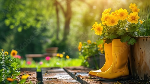 Gardening background with flower pots, yellow boots in sunny spring or summer garden photo