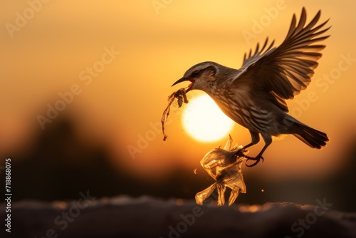 A bird holding a tiny piece of plastic debris in its beak Fototapet