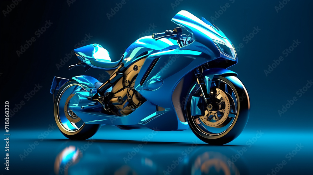 3d render blue high speed motorcycle on a blue background