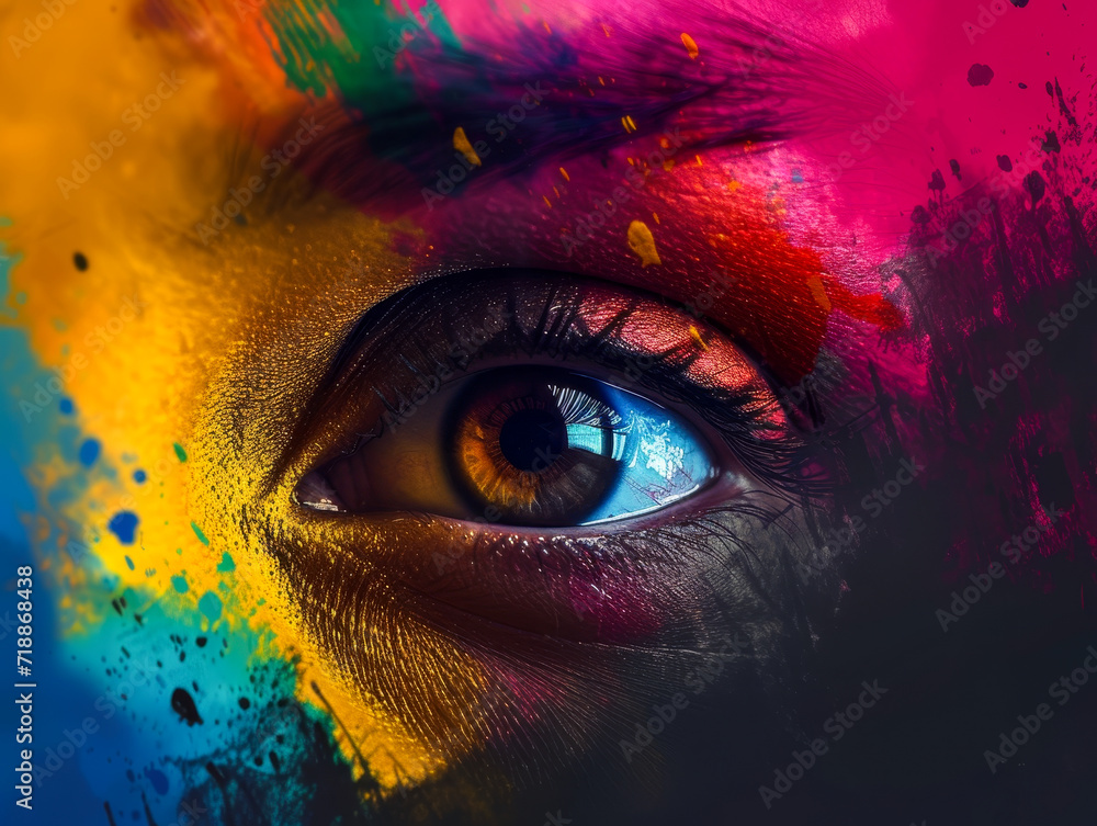 Vibrant Eye with Multicolored Paint Splashes

