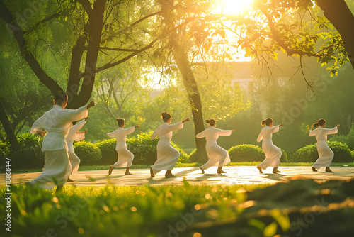 A group of friends practicing Tai Chi in a serene park