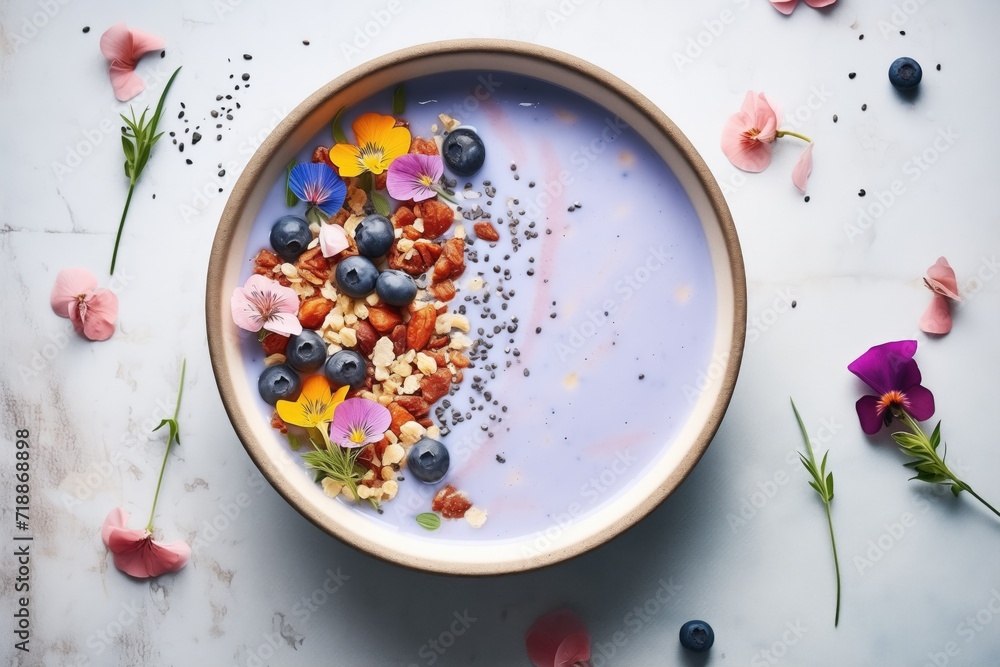high angle view of a berry smoothie bowl with granola high angle view of a berry smoothie bowl with granola