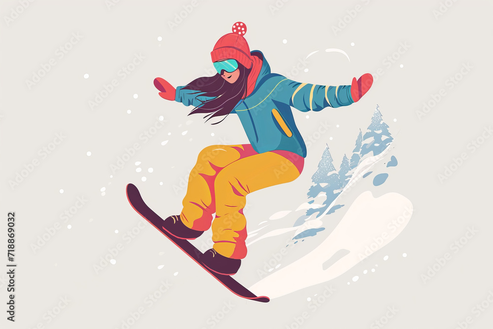 Illustration snowboarder woman in style of vector flat minimalistic illustration, empty space	