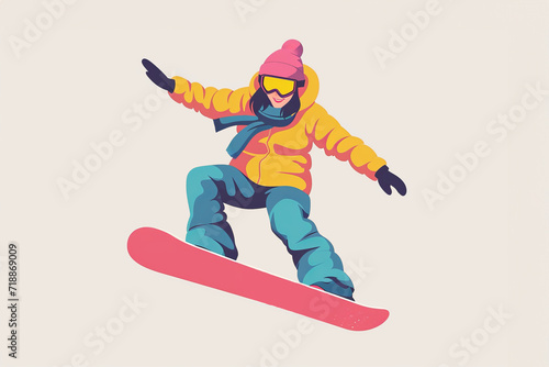 Illustration snowboarder woman in style of vector flat minimalistic illustration, empty space 
