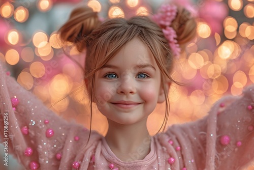 Pink Hair, Pink Sweater, Pink Bows: A Cute Little Girl Smiling for the Camera Generative AI