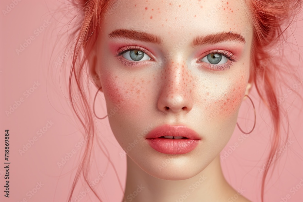 a macro close-up studio fashion portrait of a face of a young redhead caucasian woman with perfect skin, hair and immaculate make-up on pink background. Skin beauty and hormonal female health concept. a macro close-up studio fashion portrait of a face of a young redhead caucasian woman with perfect skin, hair and immaculate make-up on pink background. Skin beauty and hormonal female health concept.
