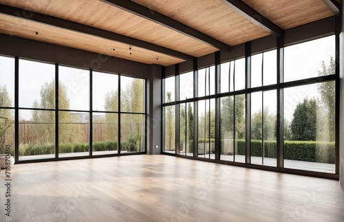 Modern living room with forest view