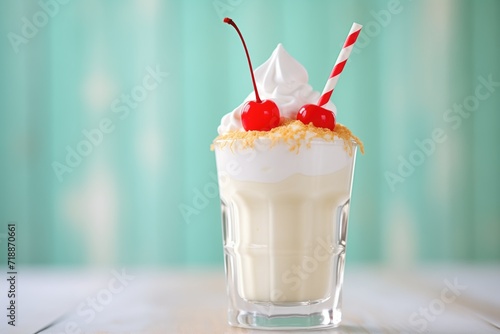 closeup of vanilla shake with whipped cream swirl and a cherry on top