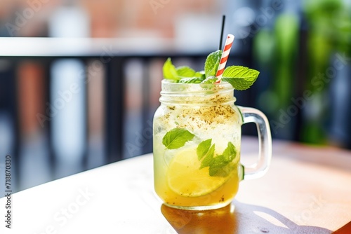virgin mojito in a mason jar with a handle on a sunny terrace photo