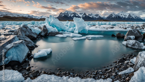 Iceland natural scenery with Icebergs in glacial lagoon. Global warming and melting glaciers concept