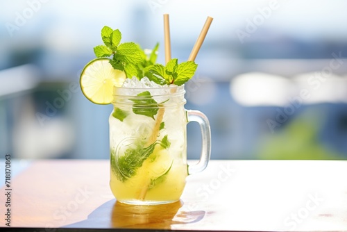 virgin mojito in a mason jar with a handle on a sunny terrace