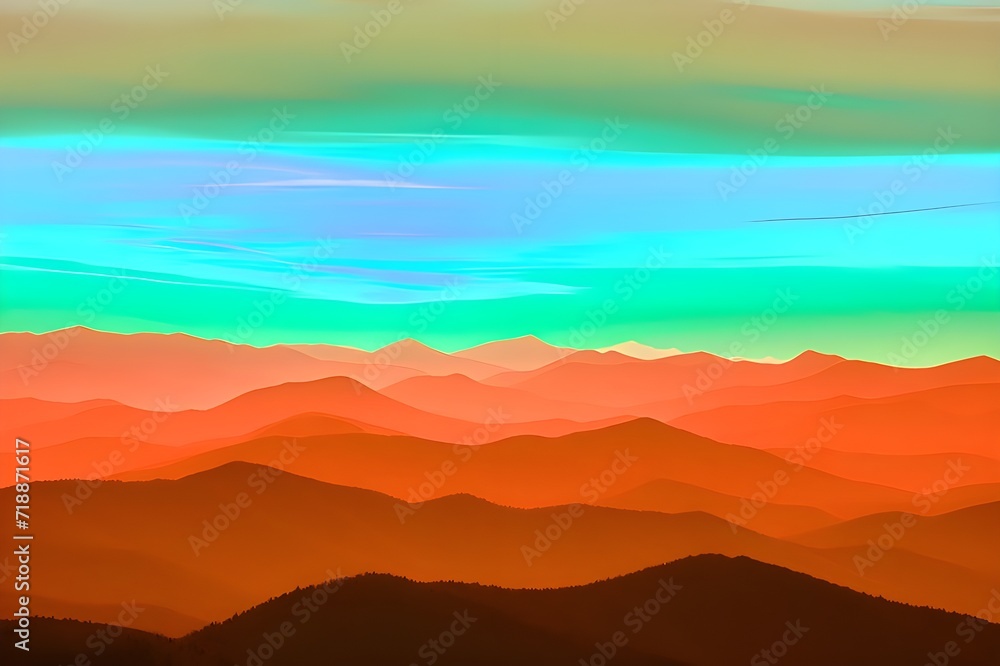 silhouette of orange mountains illuminated by the setting sun. Fiery orange mountains in the foreground fade into turquoise skies in the background