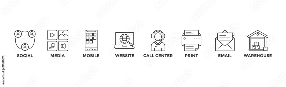 Omnichannel banner web icon vector illustration concept with icon of social media, mobile, website, call center, print, email, and warehouse Omnichannel banner web icon vector illustration concept with icon of social media, mobile, website, call center, print, email, and warehouse