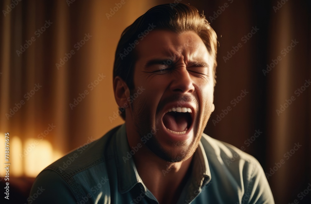 upset Caucasian man screaming and crying indoors at home. shock and emotional breakdown, depression. upset Caucasian man screaming and crying indoors at home. shock and emotional breakdown, depression.