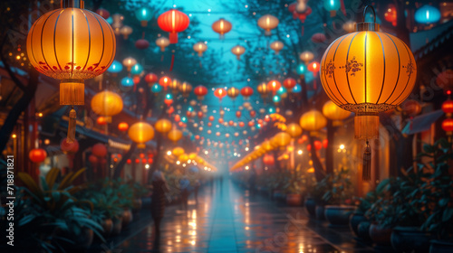 Festive Lantern-Lit Night Bazaar: A Lively Market Aglow with Chinese Charm. Generative AI. © Ramon