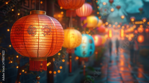 Cultural Delight: Night Market Decor with Traditional Chinese Lanterns. Generative AI.