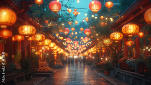 Vibrant Night Market Bustle  Colorful Chinese Lanterns Illuminating the Scene. Generative AI.