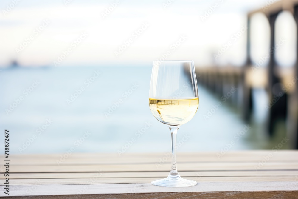 white wine glass with coastal ocean pier in the background