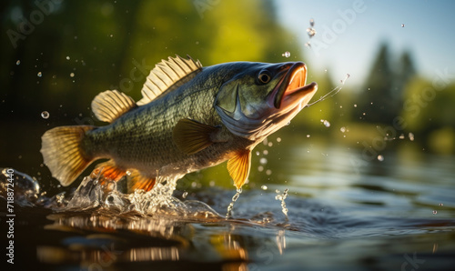 Dynamic Image of a Large Freshwater Perch Leaping from Water, Splashing with Greenery in Background, Concept of Fishing Trophy