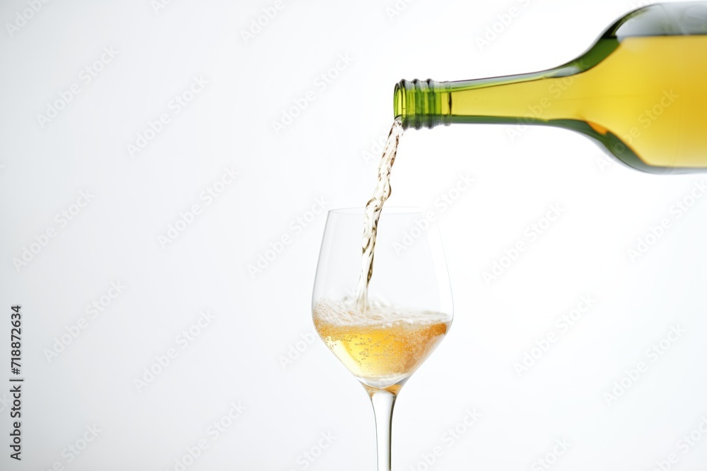 Fototapeta premium closeup of white wine pour, clear bottle, white background