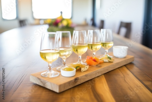 white wine flight on a wooden tasting board