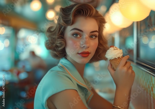 Sexy blonde girl  with ice cream and posing like a model  at the bar of a vintage restaurant