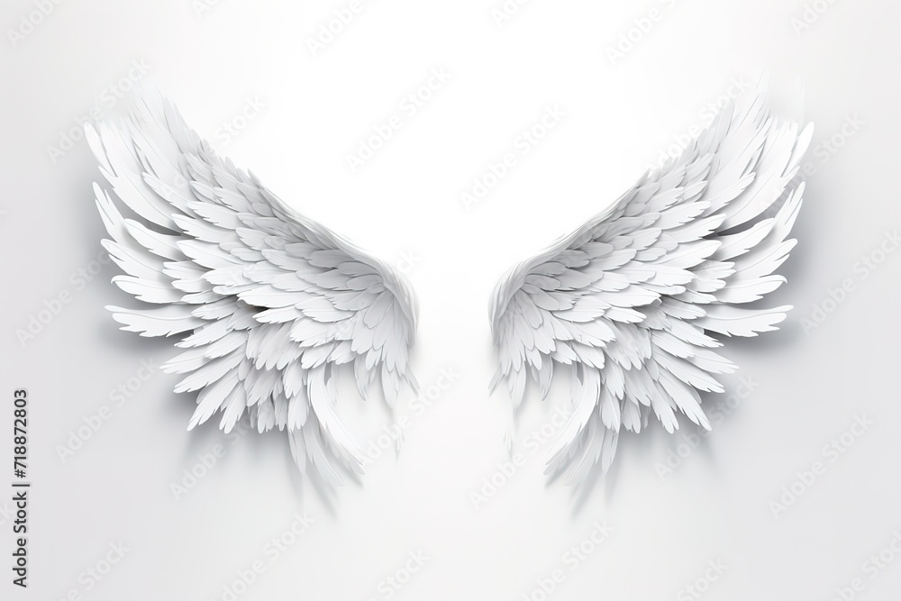 Obraz premium A pair of white fairy wings with soft feathers on a white background. generative AI