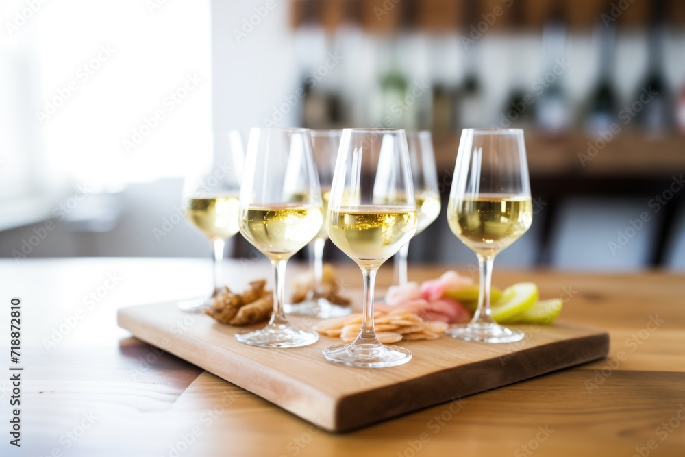 white wine flight on a wooden tasting board