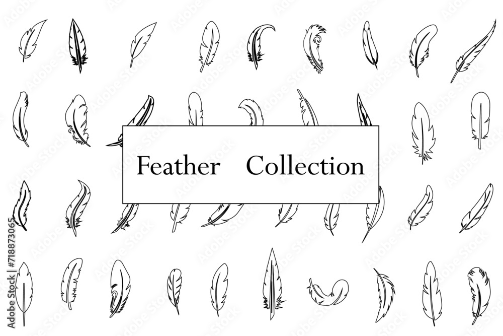 Set of black bird  feather in a flat style. Black quill feather silhouette. Plumelet collection. Vector icon logo isolated on white background - obrazy, fototapety, plakaty 