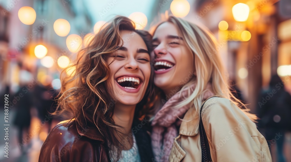 Happy girlfriends having fun laughing out loud on city street - Female community concept with cheerful girls standing together Happy girlfriends having fun laughing out loud on city street - Female community concept with cheerful girls standing together
