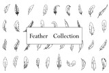 Set of black bird feather in a flat style. Black quill feather silhouette. Plumelet collection. Vector icon logo isolated on white background