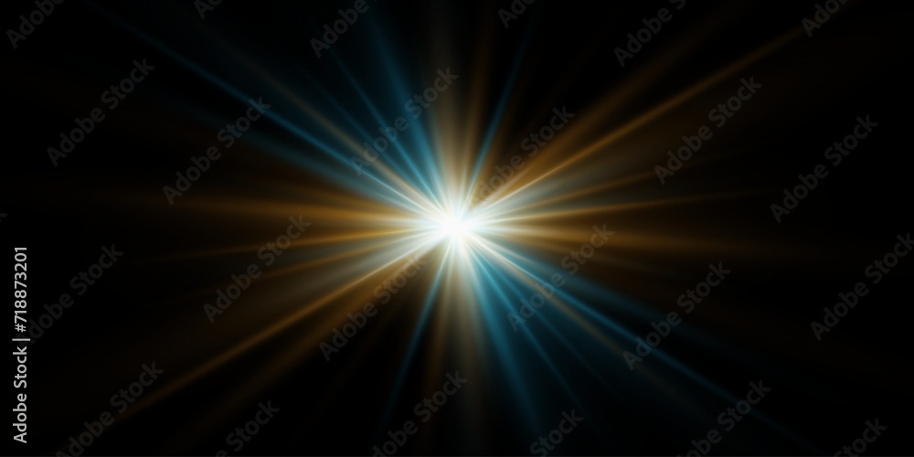 Bright glowing light, star explosion. Glare effect with rays. On a black background.