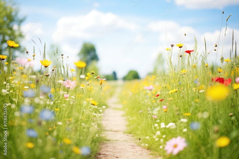 Fototapeta premium path through wildflower meadow under sunny skies