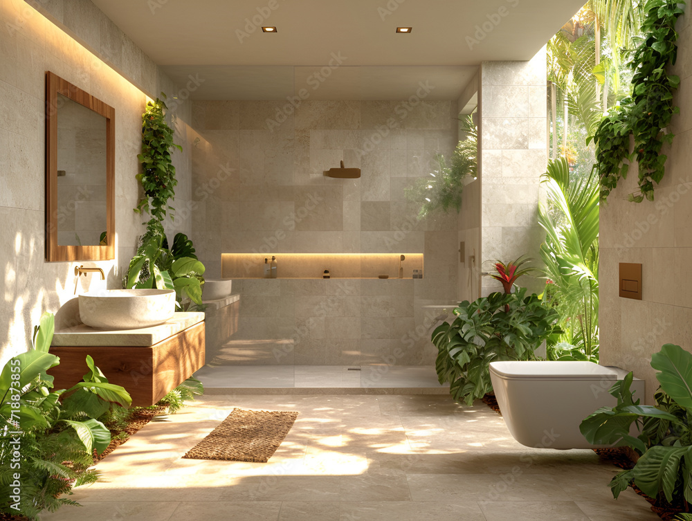 Serene bathroom with natural stone and lush indoor greenery.