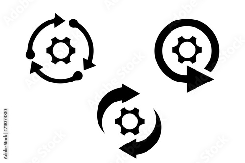 Sync process circle arrow with gear wheel icons. Refresh reload sync processing icons. Vector illustration