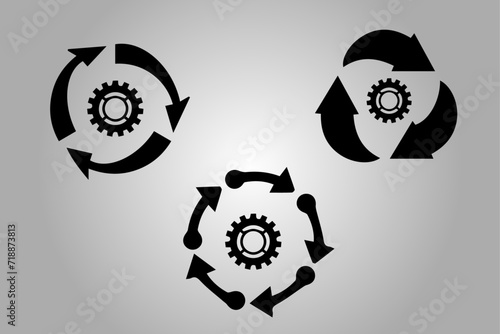Sync process circle arrow with gear wheel icons. Refresh reload sync processing icons. Vector illustration