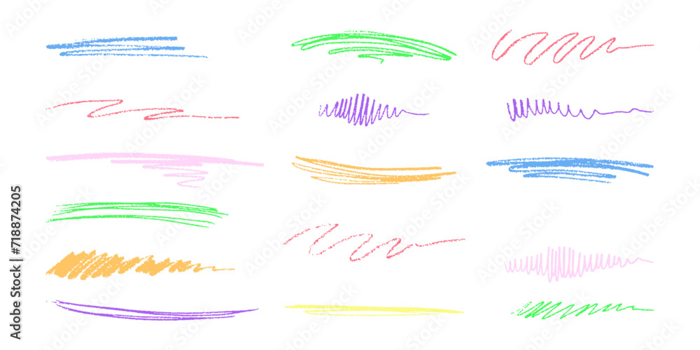 Hand-drawn underlining elements, brush with crayon effect, chalk texture. Chalk stroke for highlighting. Vector illustration in children's style. Crayon brush colored underline. Hand-drawn underlining elements, brush with crayon effect, chalk texture. Chalk stroke for highlighting. Vector illustration in children's style. Crayon brush colored underline.